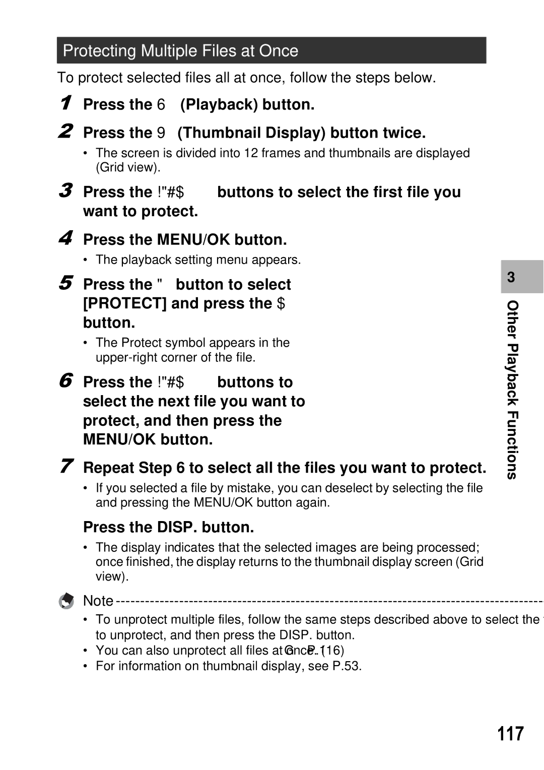 Ricoh GX100 VF manual 117, Protecting Multiple Files at Once 