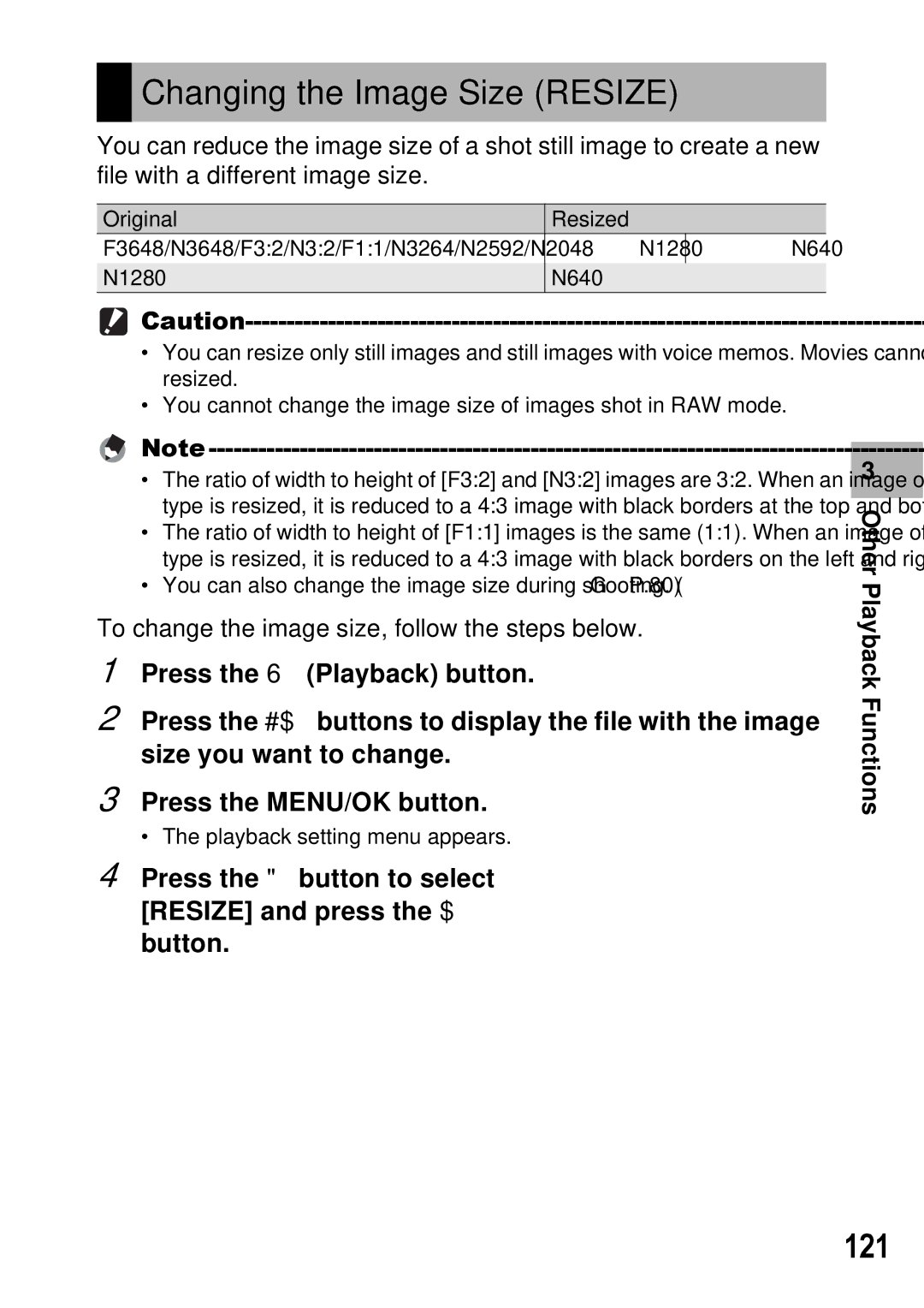 Ricoh GX100 VF manual Changing the Image Size Resize, 121, Press the button to select Resize and press the $ button 