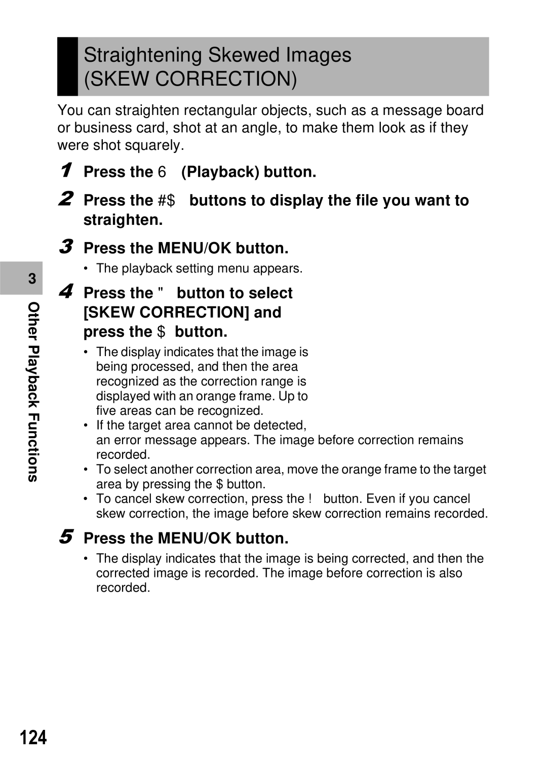 Ricoh GX100 VF manual Straightening Skewed Images, Skew Correction, 124 