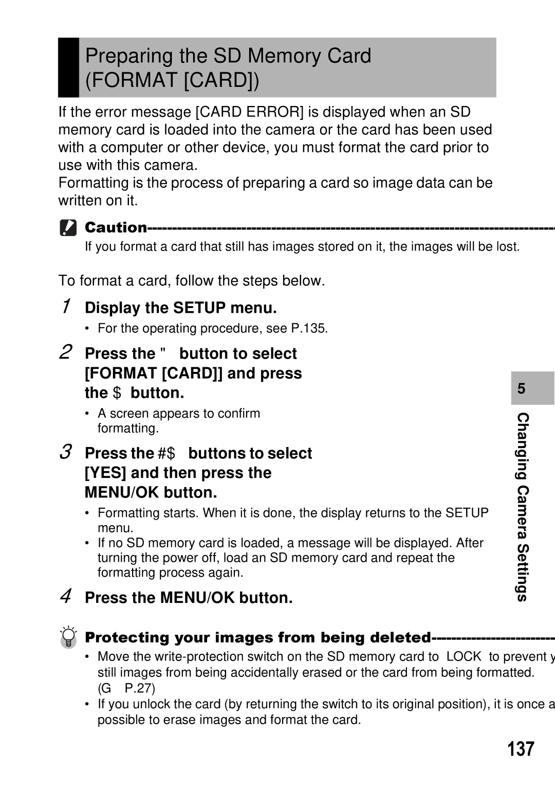 Ricoh GX100 VF manual Preparing the SD Memory Card Format Card, 137 