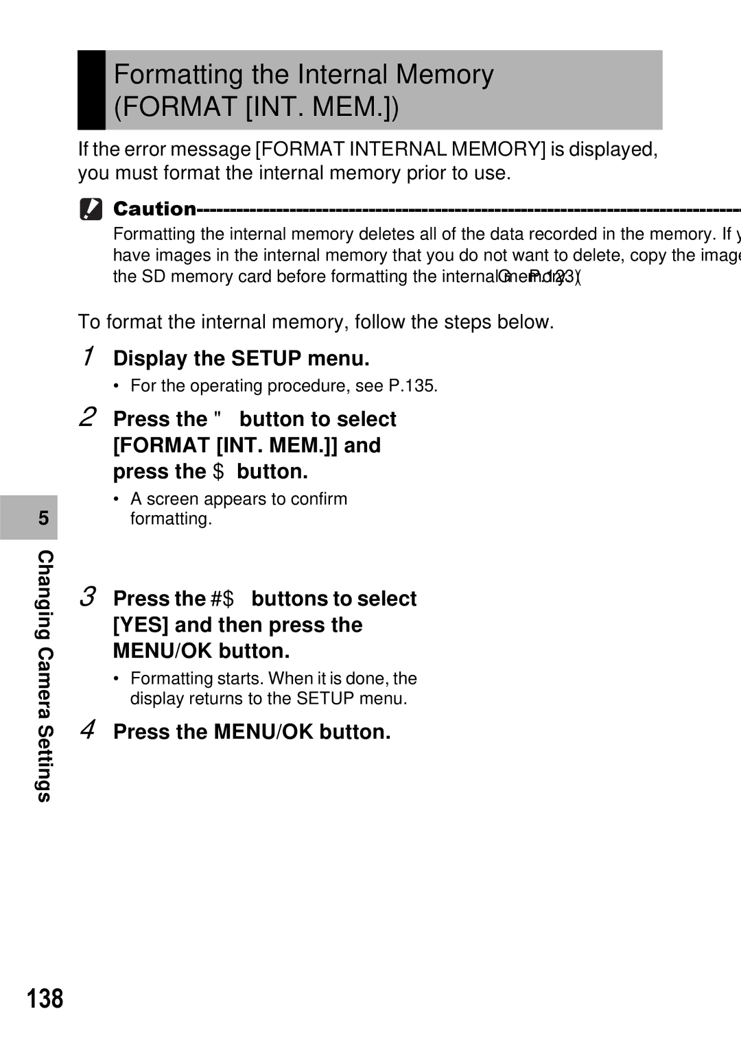 Ricoh GX100 VF manual Formatting the Internal Memory Format INT. MEM, 138 