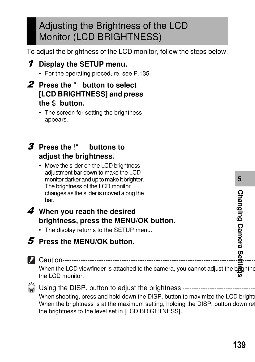 Ricoh GX100 VF manual Adjusting the Brightness of the LCD Monitor LCD Brightness, 139 