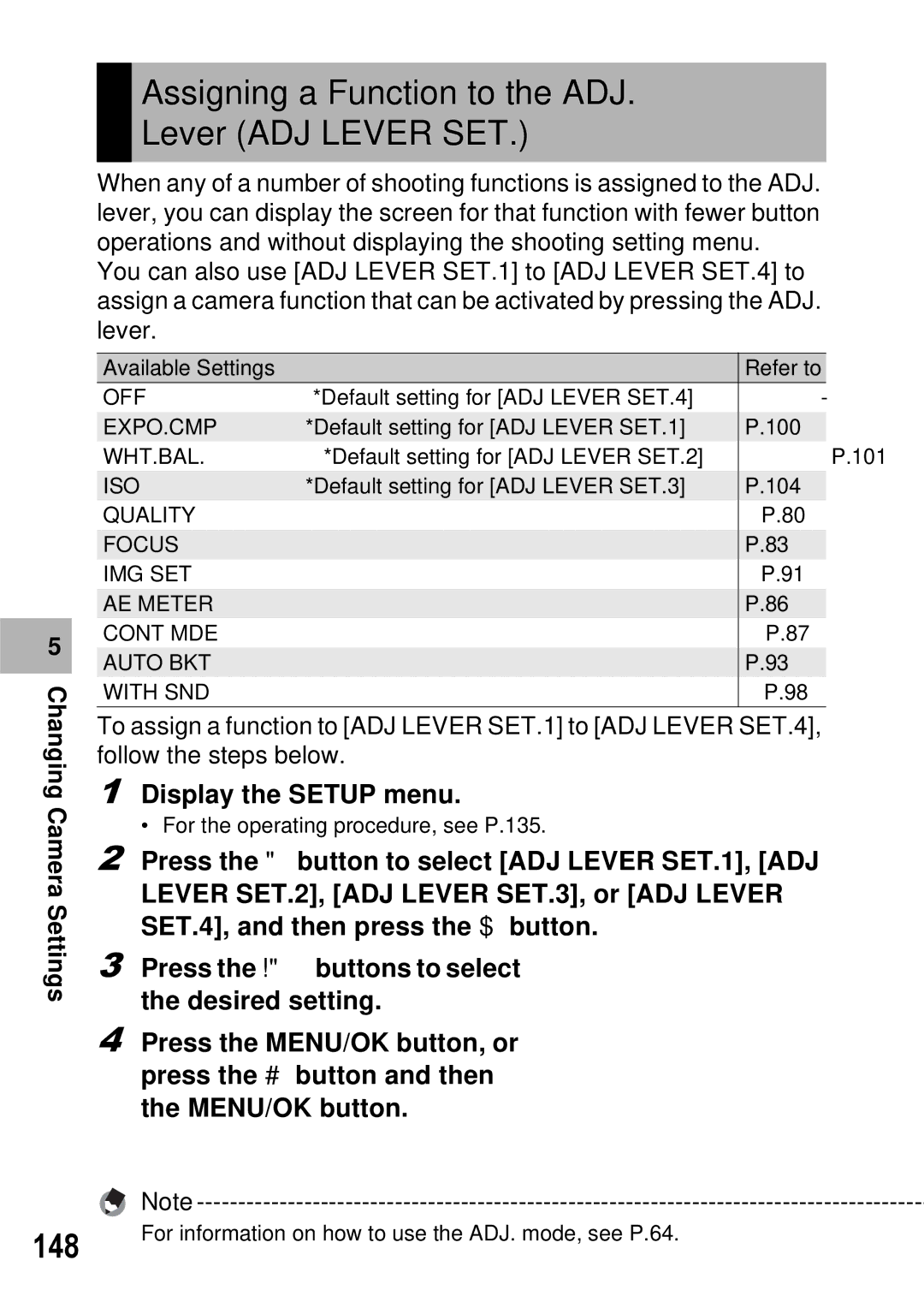 Ricoh GX100 VF manual Assigning a Function to the ADJ. Lever ADJ Lever SET, 148 