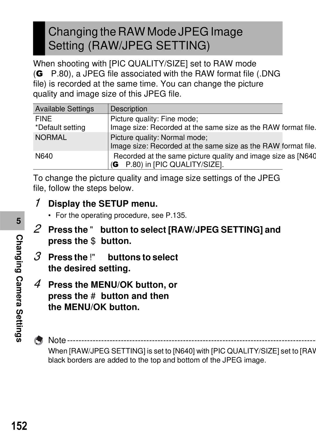 Ricoh GX100 VF manual Changing the RAW Mode Jpeg Image Setting RAW/JPEG Setting, 152, Fine 