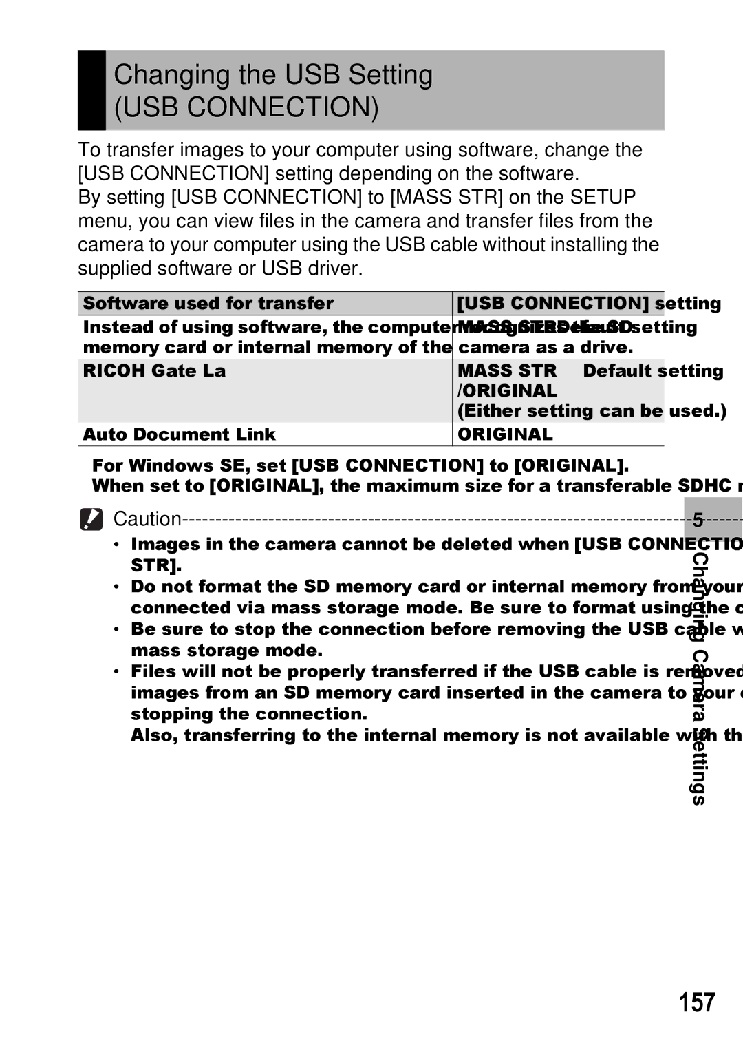 Ricoh GX100 VF manual Changing the USB Setting, USB Connection, 157, Mass STR, Original 