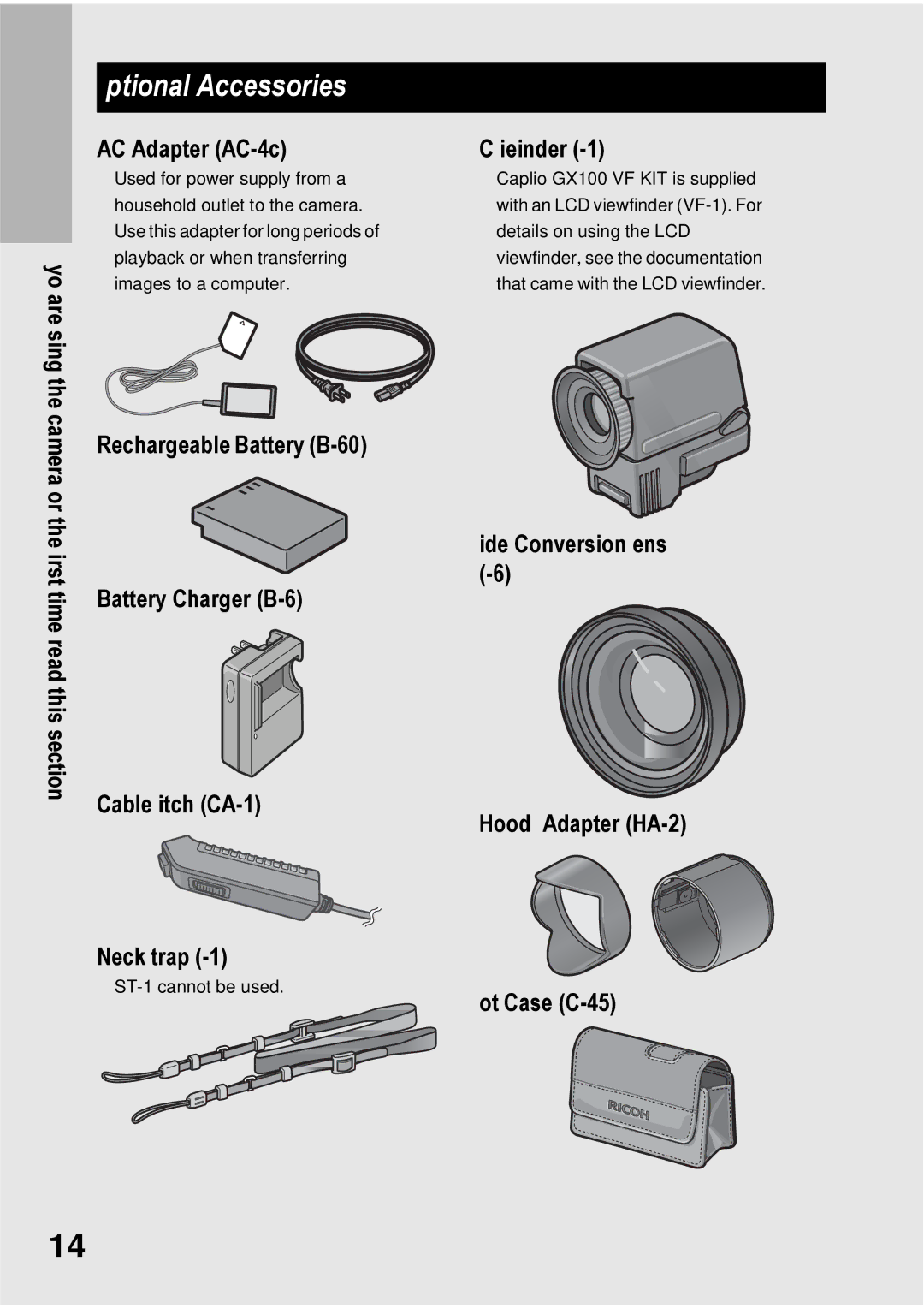 Ricoh GX100 VF manual Optional Accessories, AC Adapter AC-4c LCD Viewfinder VF-1, Soft Case SC-45 