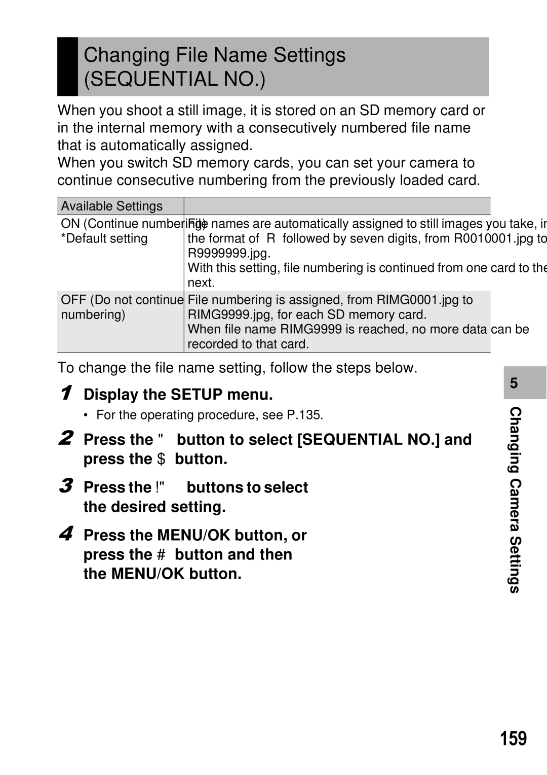 Ricoh GX100 VF manual Changing File Name Settings Sequential no, 159 