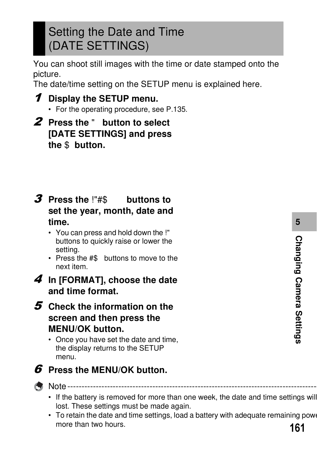 Ricoh GX100 VF manual Setting the Date and Time, Date Settings, 161 