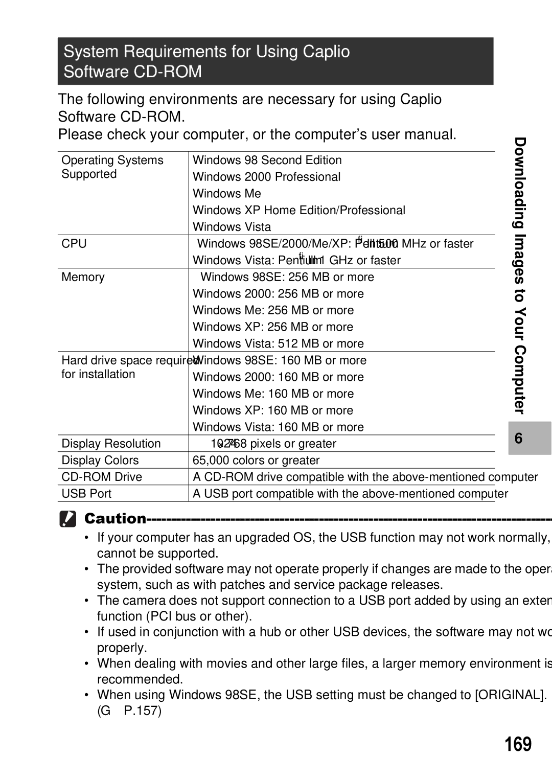 Ricoh GX100 VF manual 169, System Requirements for Using Caplio Software CD-ROM 