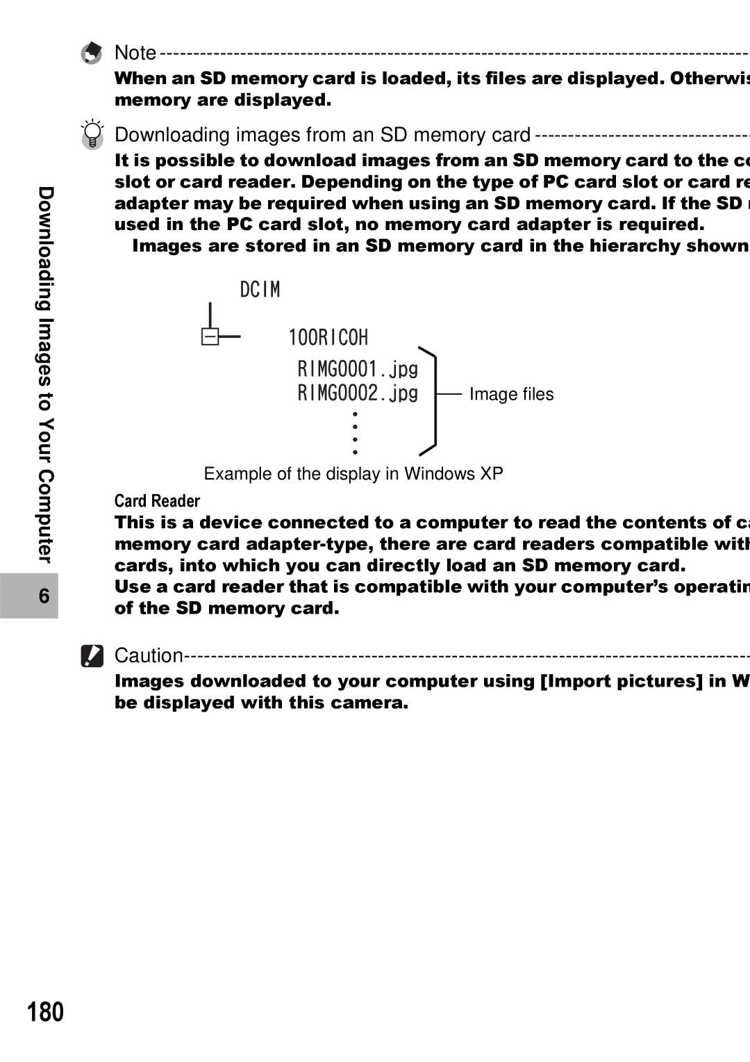 Ricoh GX100 VF manual 180, Downloading images from an SD memory card 