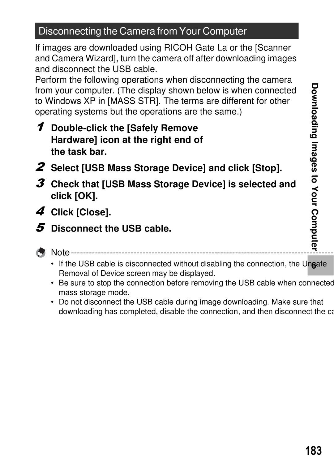 Ricoh GX100 VF manual 183, Disconnecting the Camera from Your Computer 