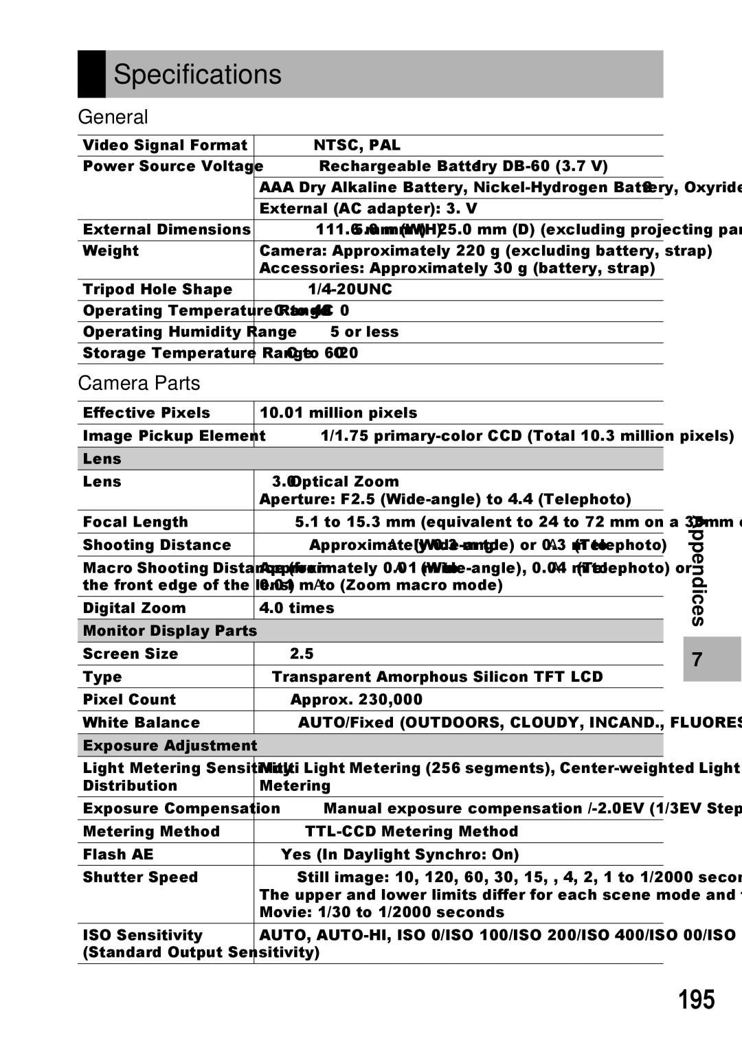 Ricoh GX100 VF manual Specifications, 195, General, Camera Parts 