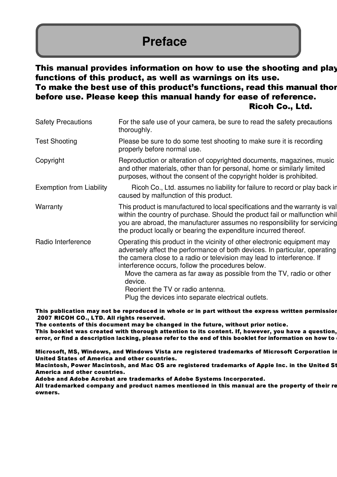 Ricoh GX100 VF manual Preface, Plug the devices into separate electrical outlets 