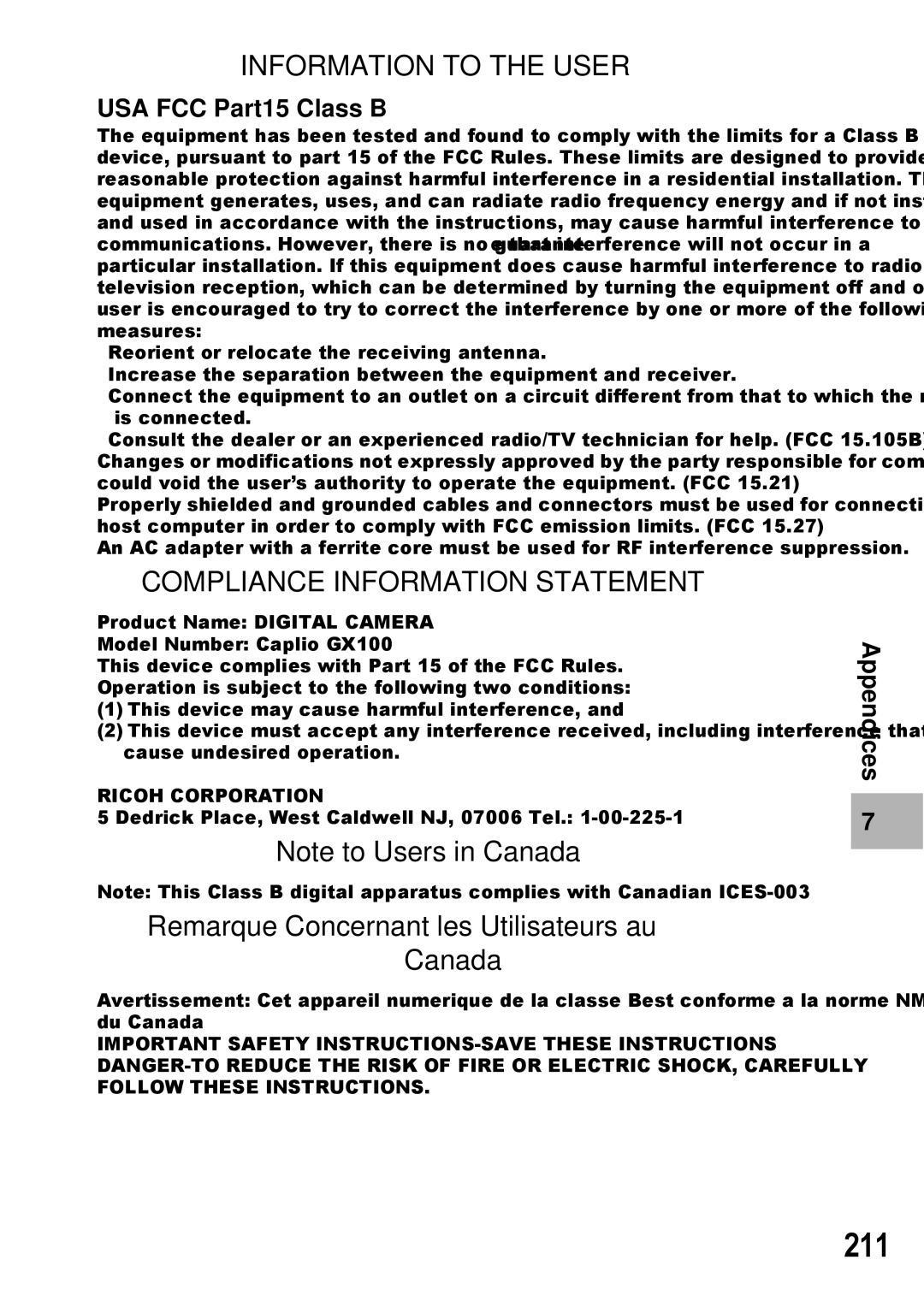 Ricoh GX100 VF manual 211, Remarque Concernant les Utilisateurs au Canada, USA FCC Part15 Class B 