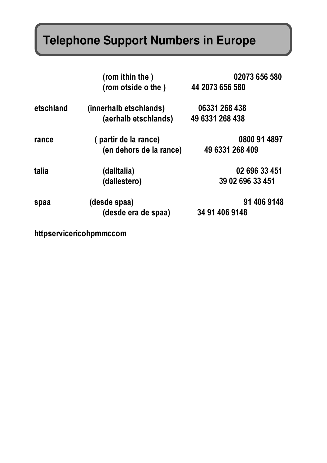 Ricoh GX100 VF manual Telephone Support Numbers in Europe 