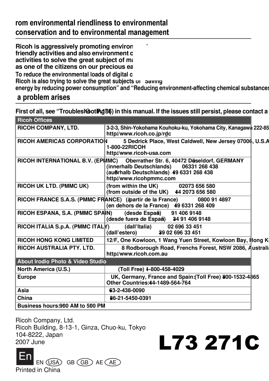 Ricoh GX100 VF manual If a problem arises, Ricoh International B.V. Epmmc 