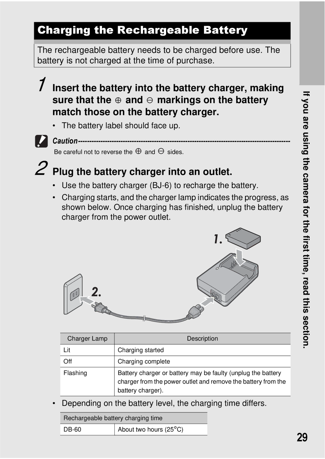 Ricoh GX100 VF manual Charging the Rechargeable Battery, Plug the battery charger into an outlet 