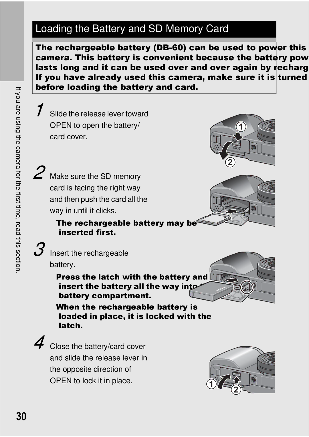 Ricoh GX100 VF manual Loading the Battery and SD Memory Card, Insert the rechargeable battery 