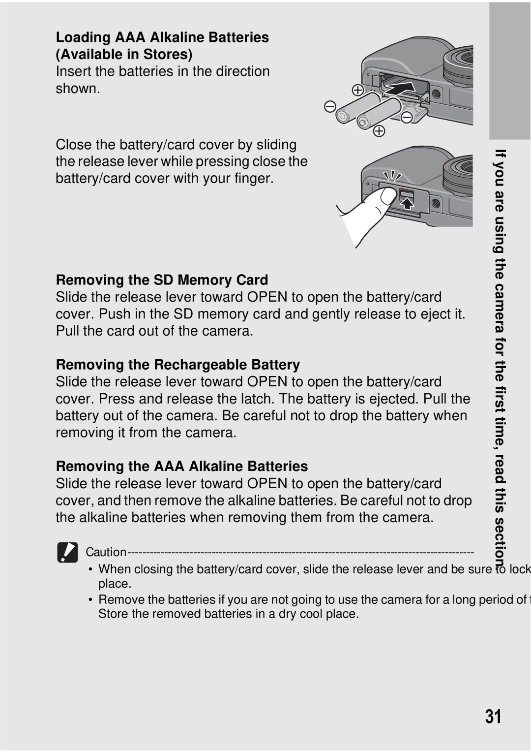 Ricoh GX100 VF manual Loading AAA Alkaline Batteries Available in Stores, Removing the SD Memory Card 