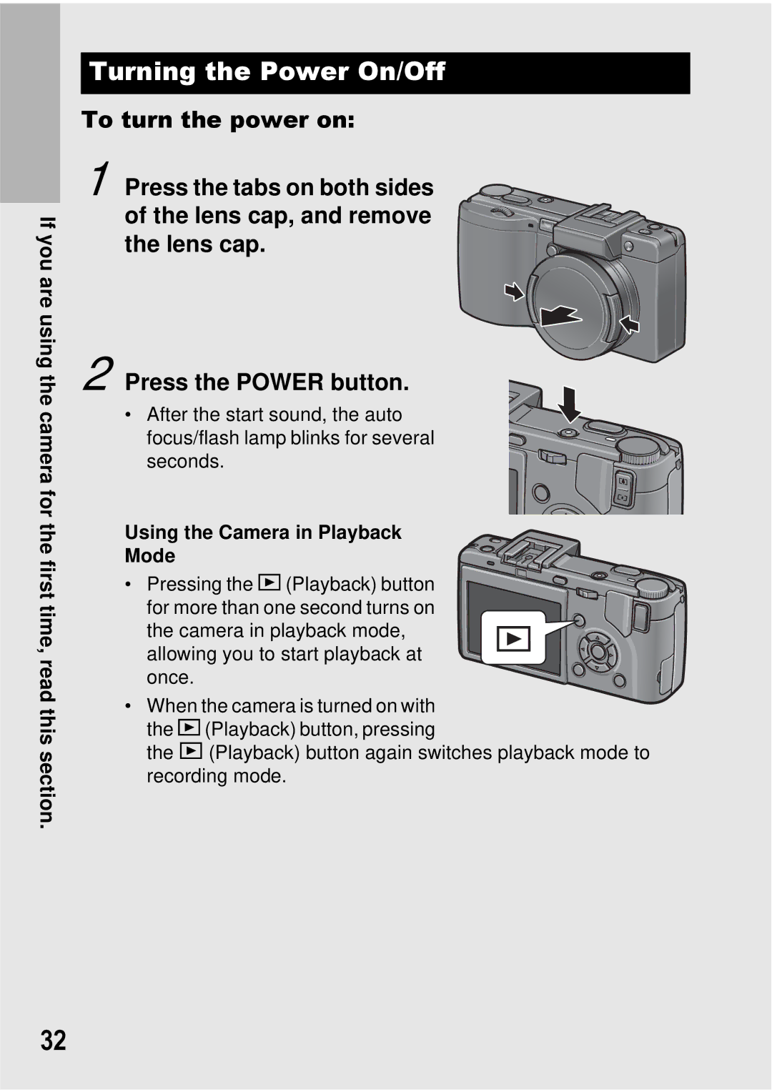 Ricoh GX100 VF manual Turning the Power On/Off, Using the Camera in Playback Mode 