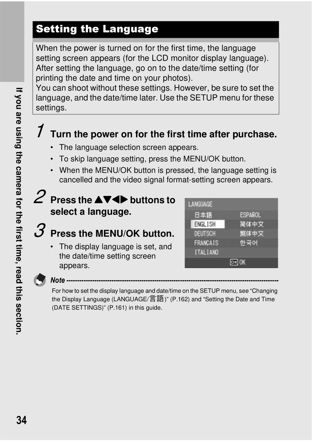 Ricoh GX100 VF manual Setting the Language, Turn the power on for the first time after purchase 