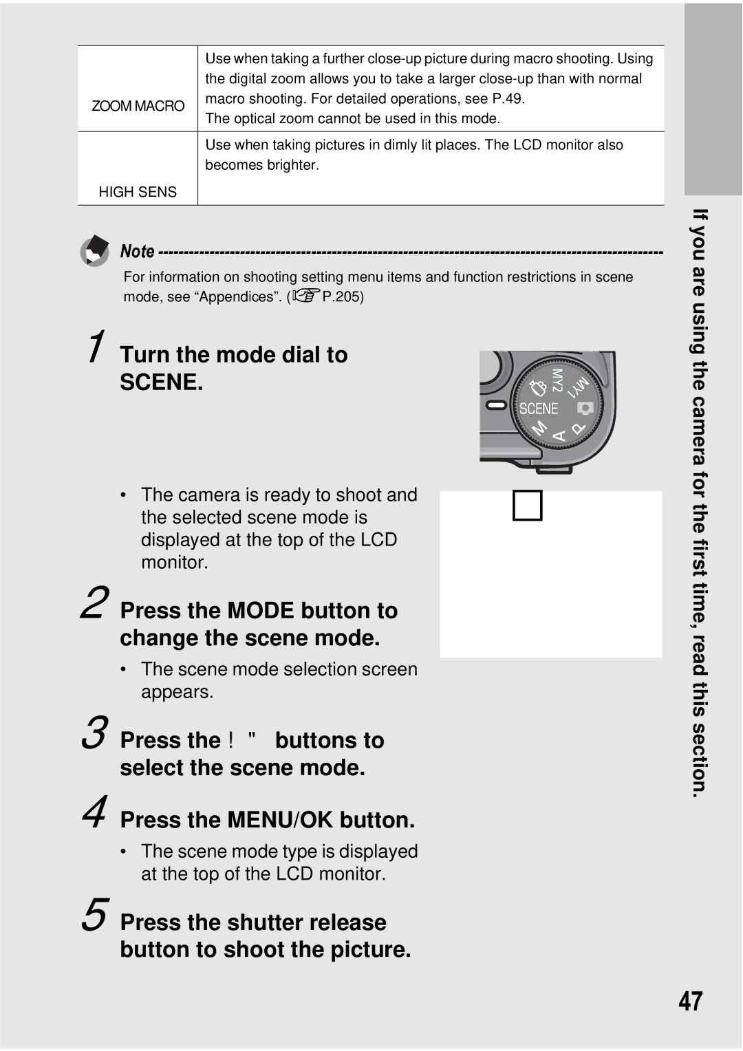 Ricoh GX100 VF manual Press the Mode button to change the scene mode, Press the shutter release button to shoot the picture 