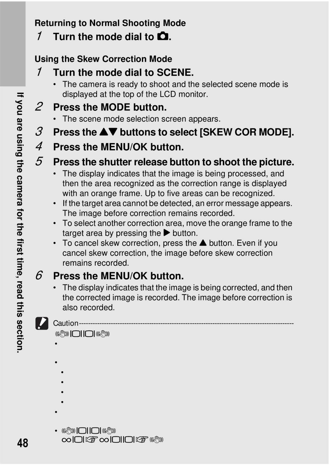 Ricoh GX100 VF manual Turn the mode dial to Scene, Press the Mode button, Using the Skew Correction Mode 