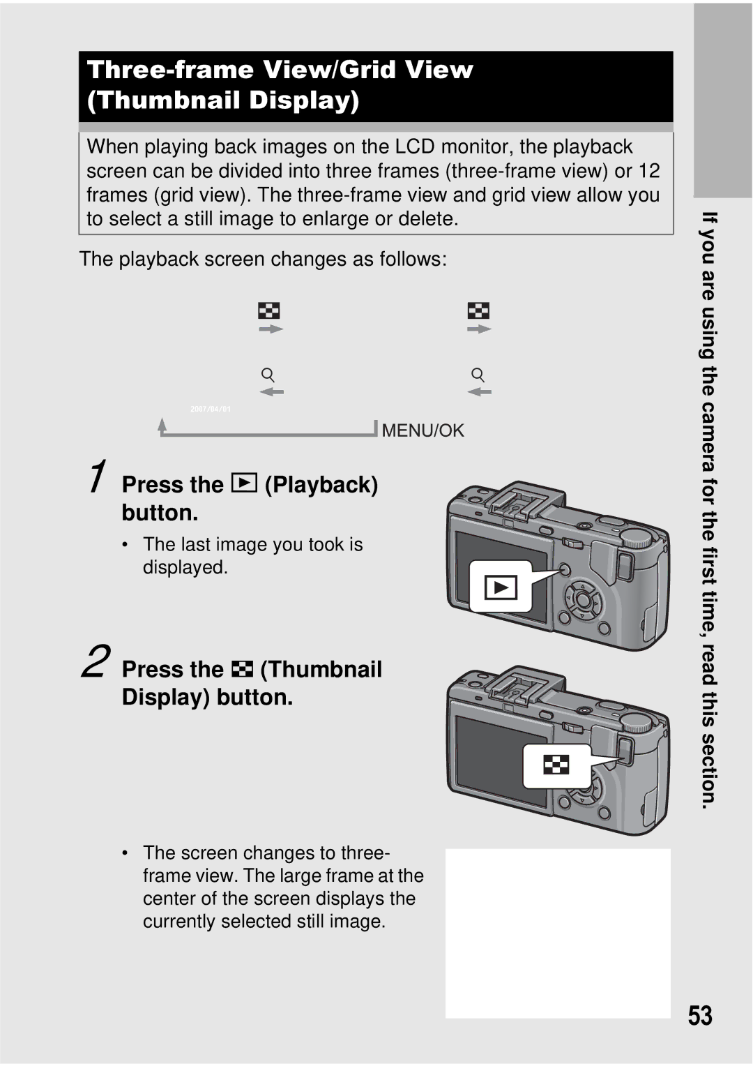 Ricoh GX100 VF manual Three-frame View/Grid View Thumbnail Display, Press the 6 Playback button 