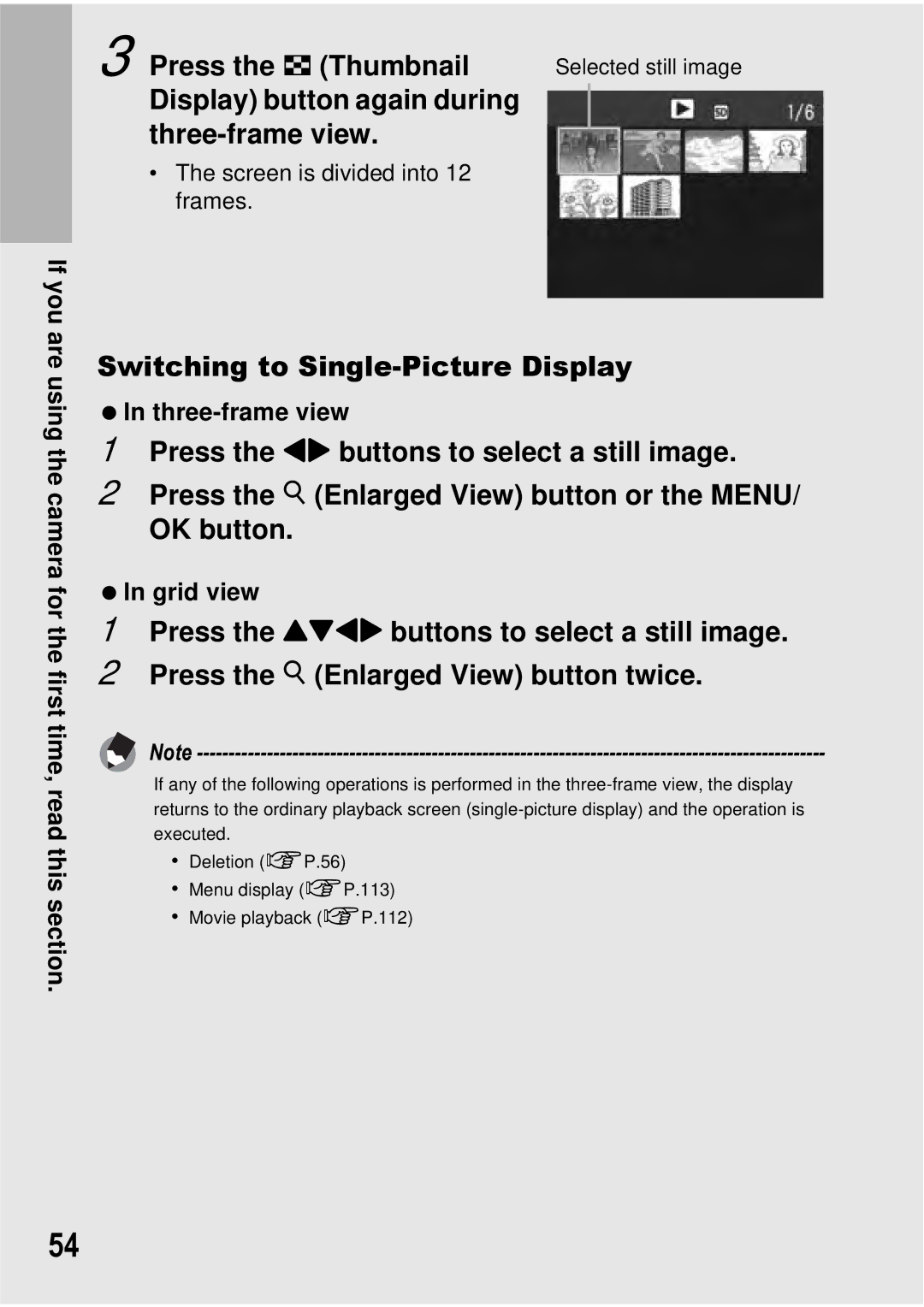 Ricoh GX100 manual Press the 9 Thumbnail, Display button again during Three-frame view, Switching to Single-Picture Display 