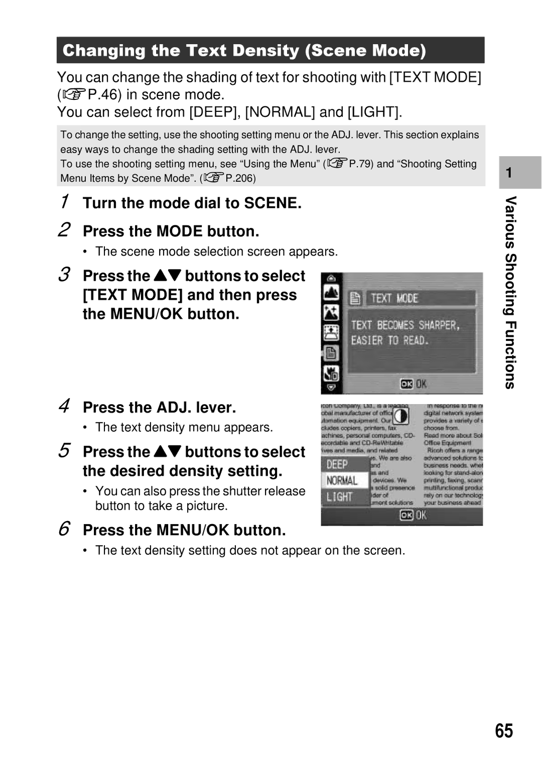 Ricoh GX100 VF manual Changing the Text Density Scene Mode, Turn the mode dial to Scene Press the Mode button 