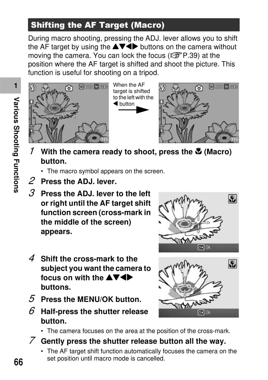 Ricoh GX100 VF manual Shifting the AF Target Macro, With the camera ready to shoot, press the N Macro button 