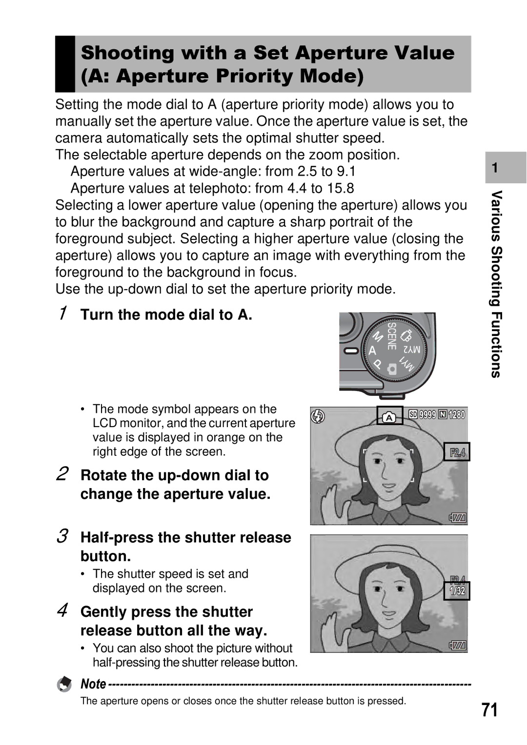 Ricoh GX100 VF manual Shooting with a Set Aperture Value a Aperture Priority Mode, Turn the mode dial to a 