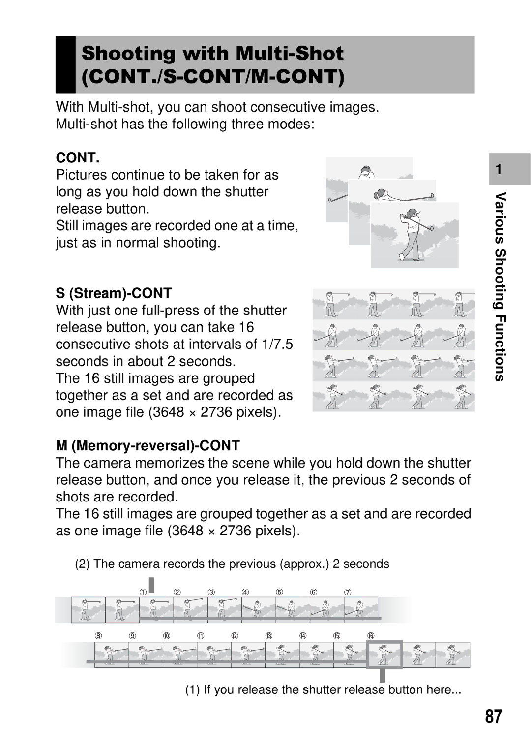 Ricoh GX100 VF manual Shooting with Multi-Shot CONT./S-CONT/M-CONT, Stream-CONT, Memory-reversal-CONT 