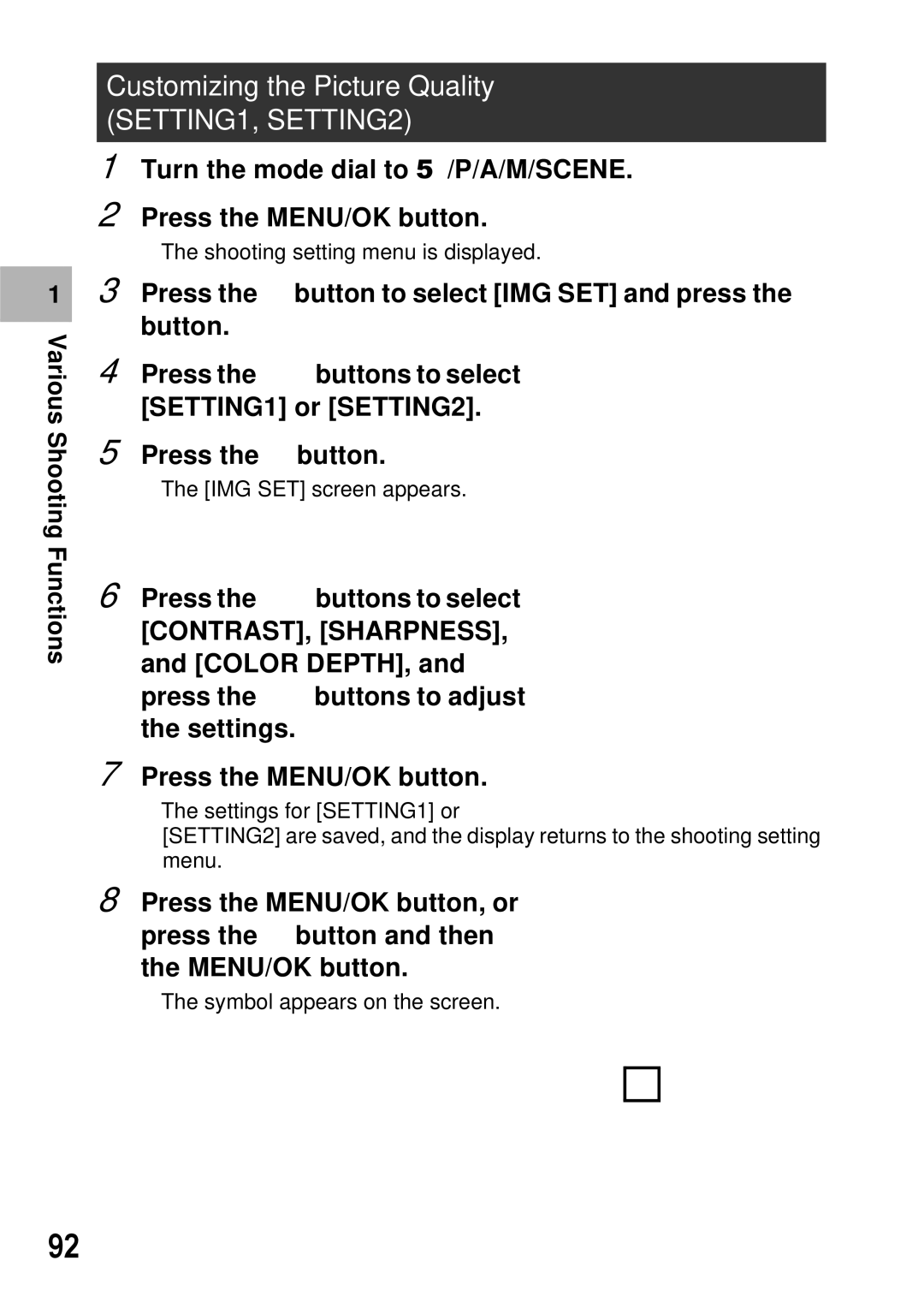 Ricoh GX100 VF manual Customizing the Picture Quality SETTING1, SETTING2 