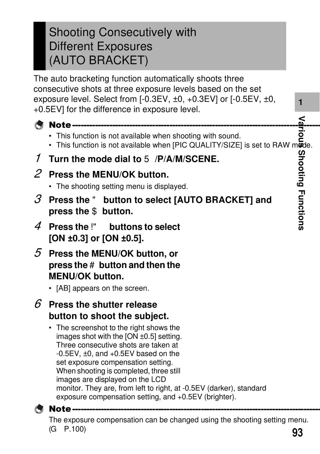 Ricoh GX100 VF manual Shooting Consecutively with Different Exposures, Auto Bracket 