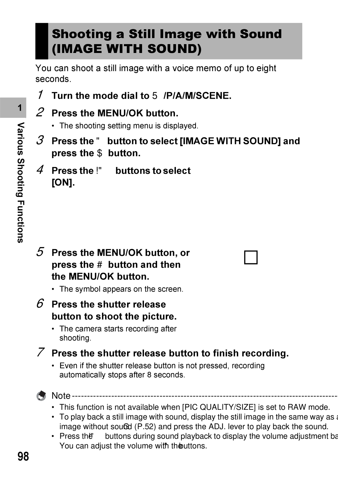 Ricoh GX100VF manual Shooting a Still Image with Sound, Press the shutter release button to finish recording 