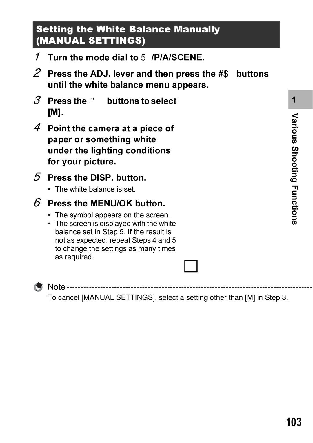 Ricoh GX100VF manual 103, Setting the White Balance Manually 