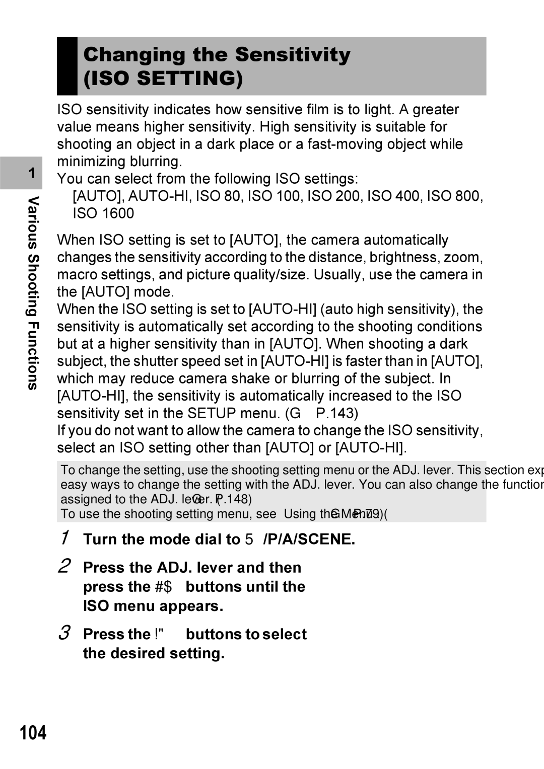 Ricoh GX100VF manual Changing the Sensitivity, ISO Setting, 104 