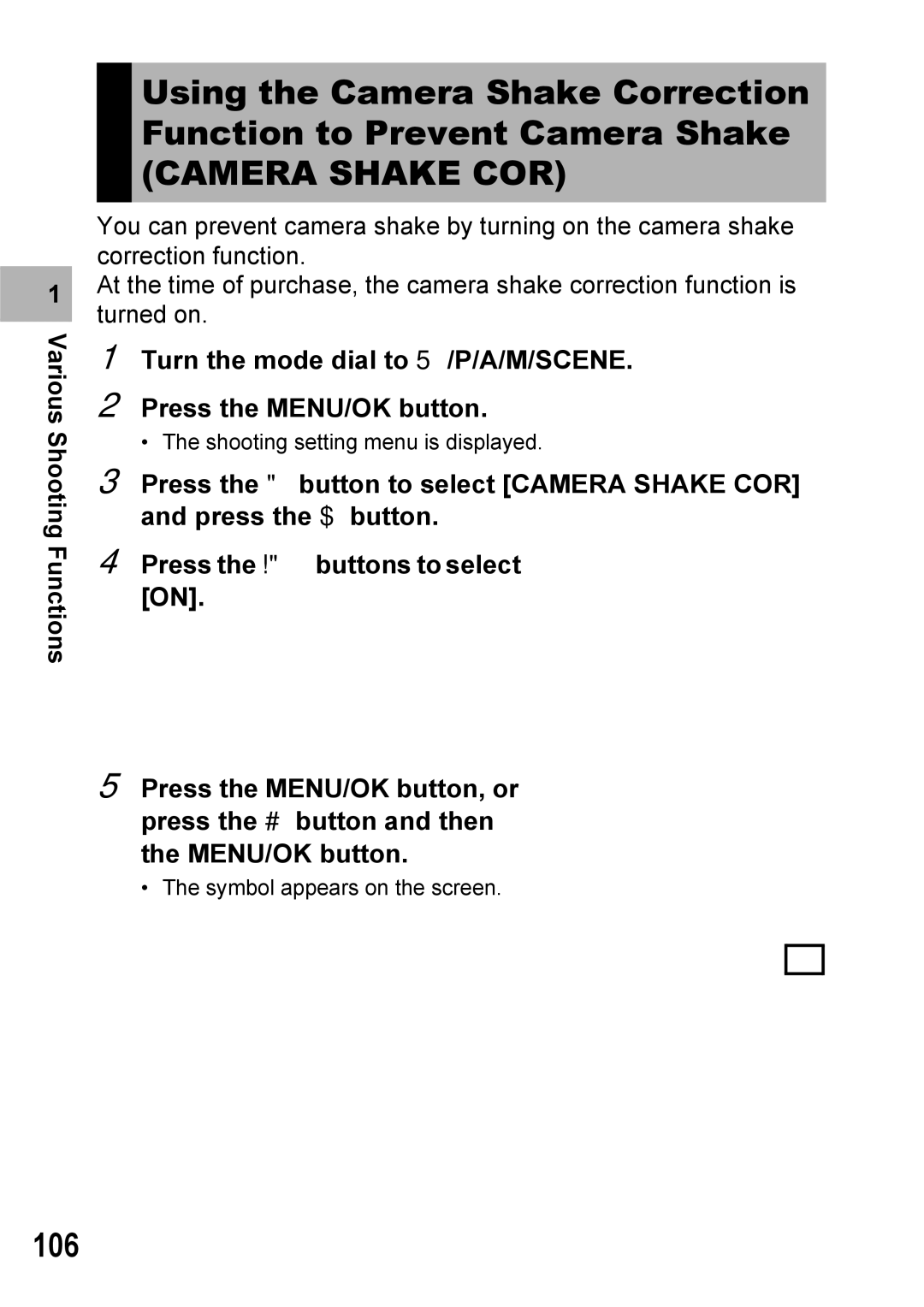 Ricoh GX100VF manual Camera Shake COR, 106 