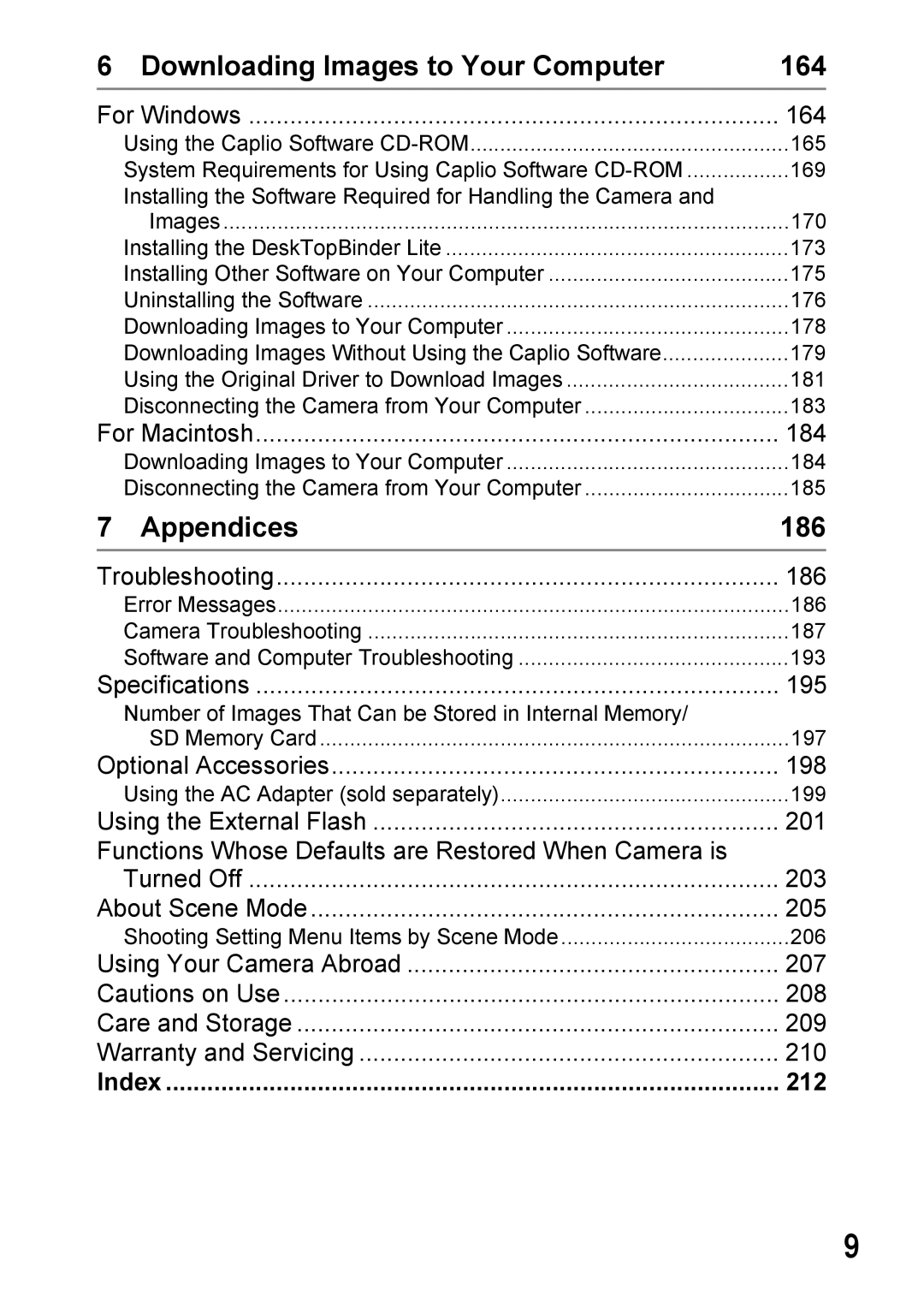 Ricoh GX100VF manual Downloading Images to Your Computer 164, Appendices 186, 212 