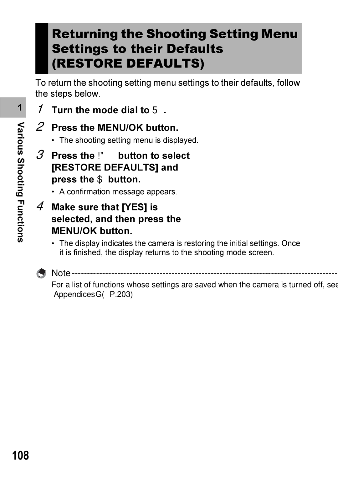 Ricoh GX100VF manual Restore Defaults, 108, Turn the mode dial to Press the MENU/OK button 