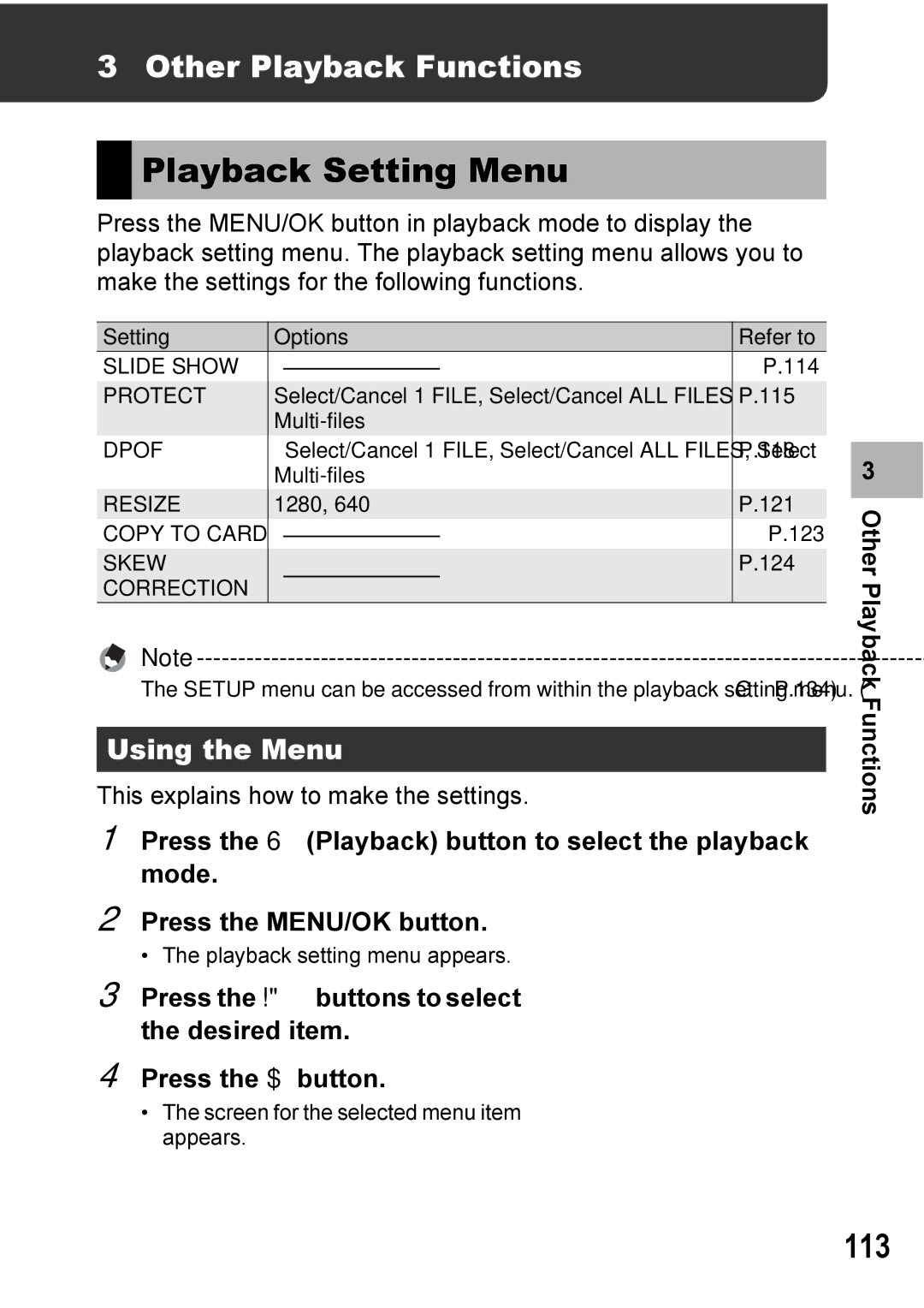 Ricoh GX100VF manual Playback Setting Menu, 113, Other Playback Functions, Using the Menu 