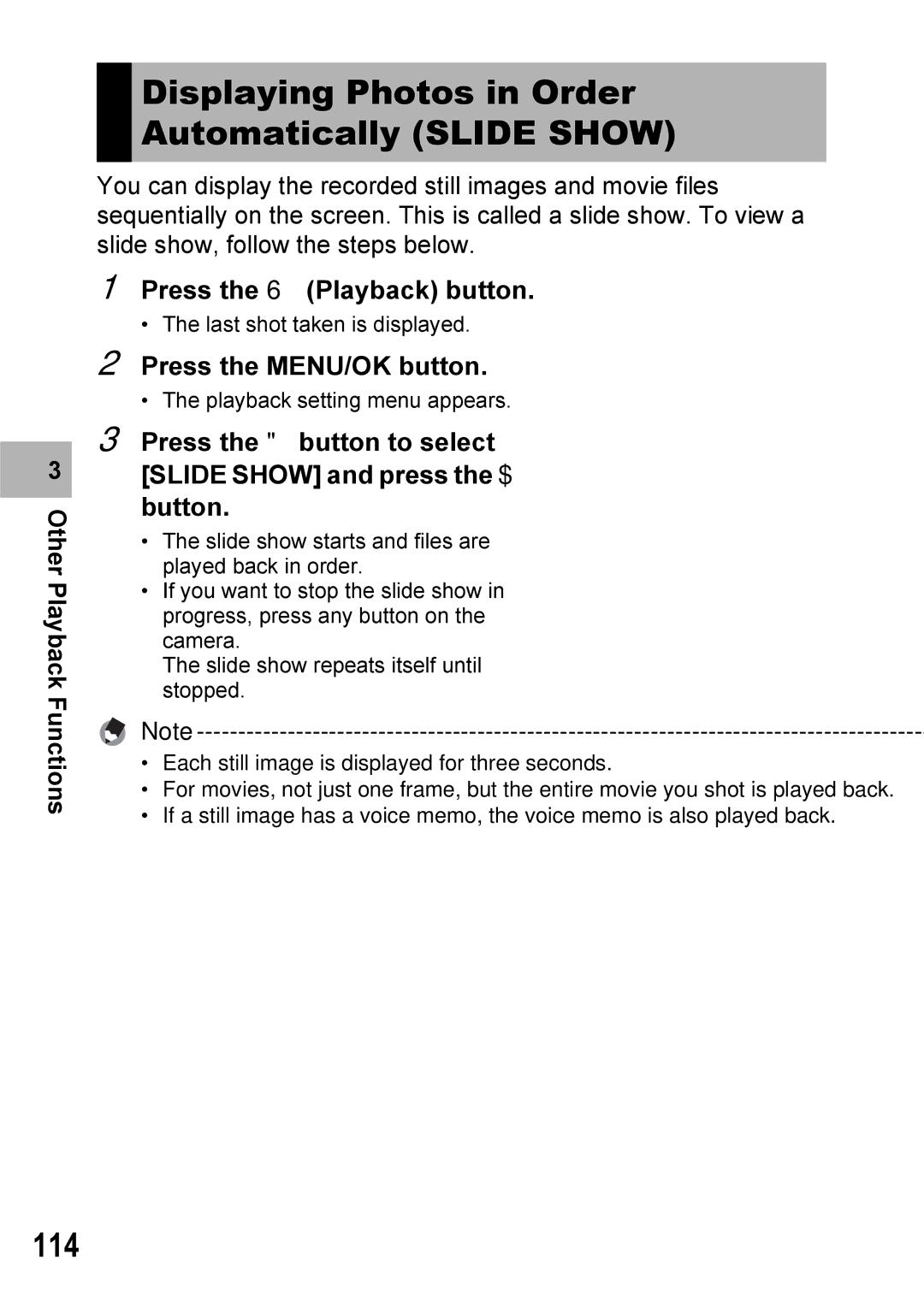 Ricoh GX100VF manual Displaying Photos in Order Automatically Slide Show, 114 