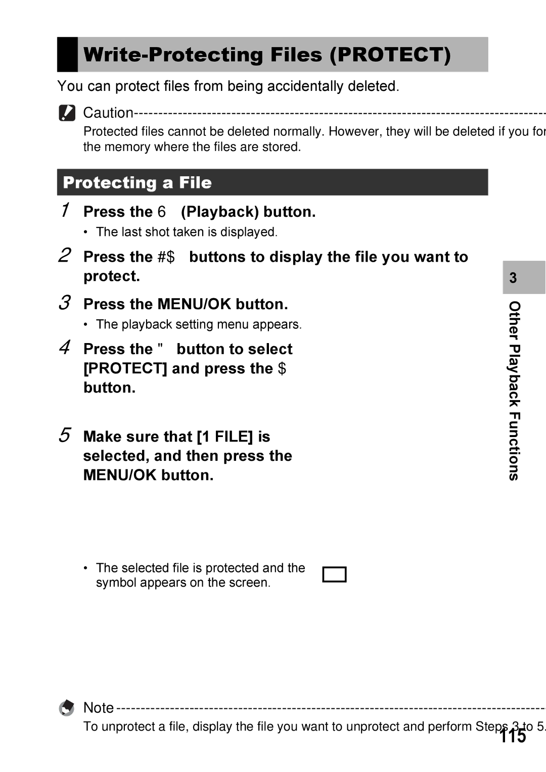 Ricoh GX100VF manual Write-Protecting Files Protect, 115, Protecting a File 