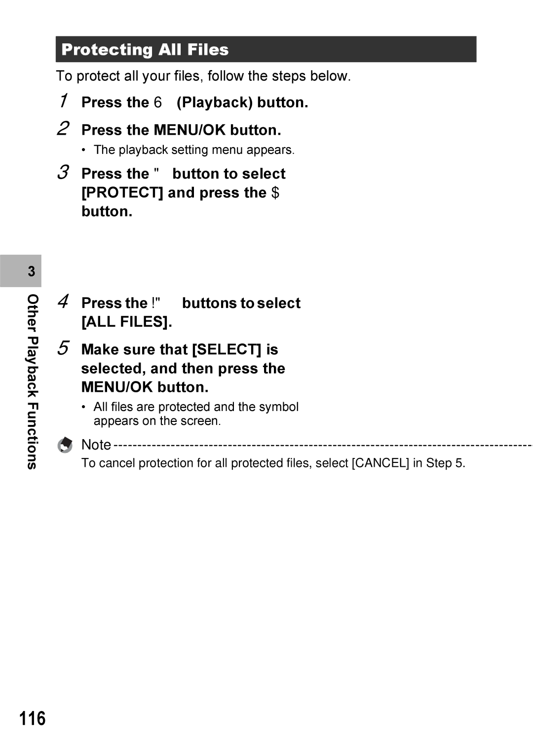 Ricoh GX100VF manual 116, Protecting All Files, Press the 6 Playback button Press the MENU/OK button 