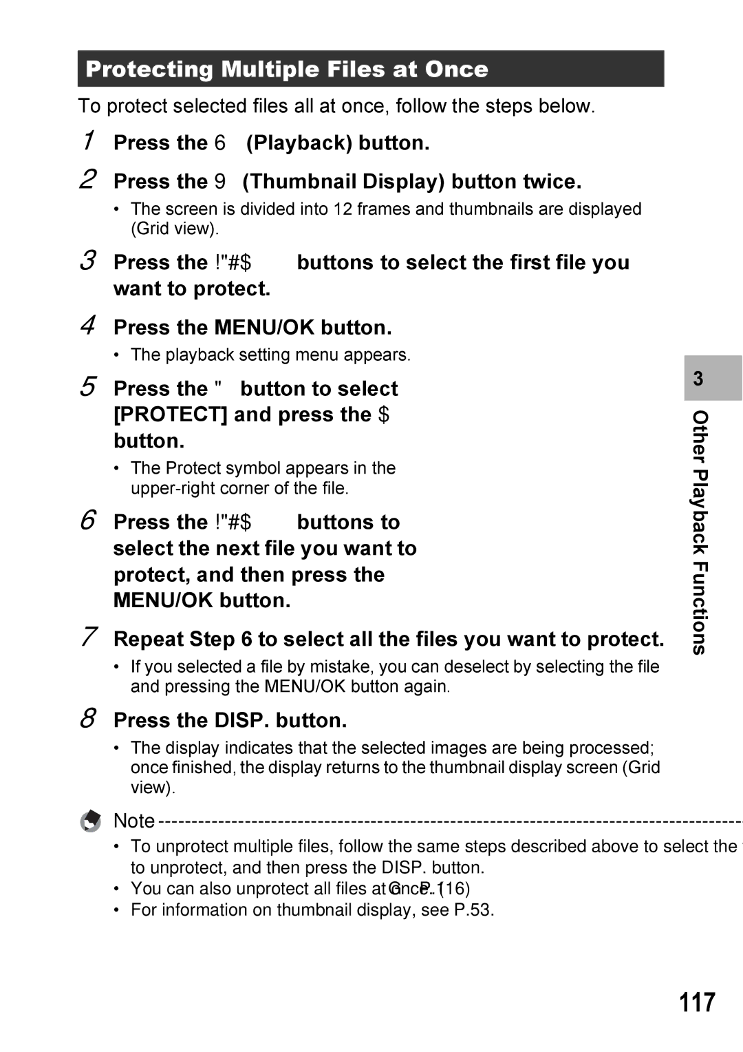 Ricoh GX100VF manual 117, Protecting Multiple Files at Once 