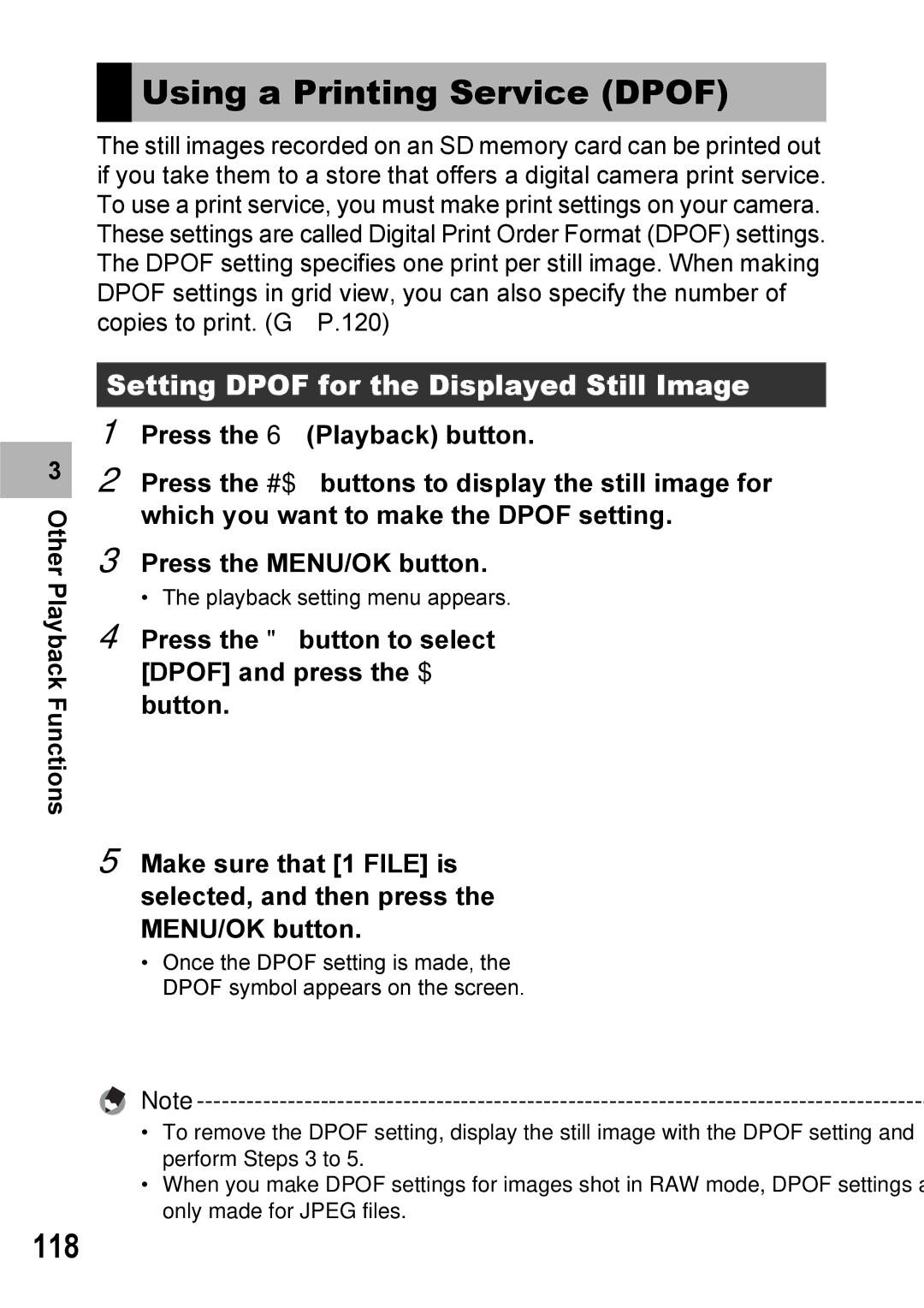 Ricoh GX100VF manual Using a Printing Service Dpof, 118, Setting Dpof for the Displayed Still Image 