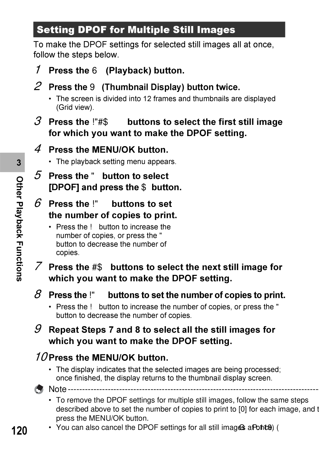 Ricoh GX100VF manual 120, Setting Dpof for Multiple Still Images 