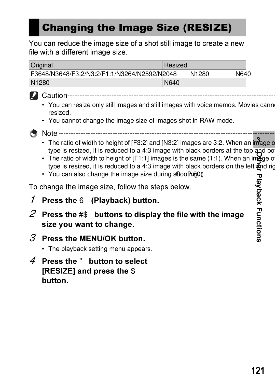 Ricoh GX100VF manual Changing the Image Size Resize, 121, Press the button to select Resize and press the $ button 