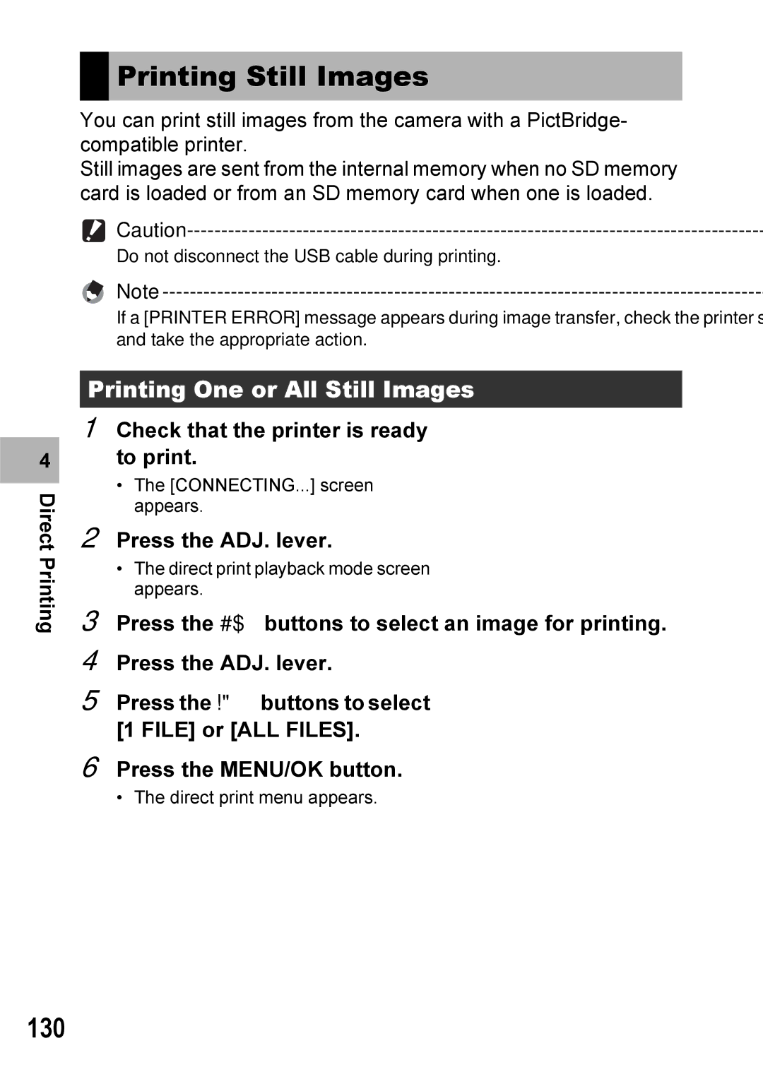 Ricoh GX100VF manual Printing Still Images, 130, Printing One or All Still Images, Check that the printer is ready to print 